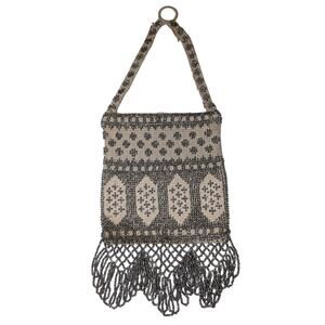 Vintage 1920's Seed Bead Flapper Art Deco Fringed Purse Silver Cream Finger Ring
